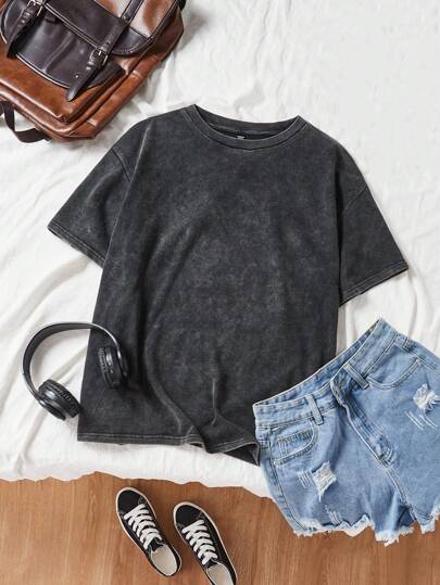Comfortcana 加大码酸洗外观复古针织做旧宽松短袖T恤