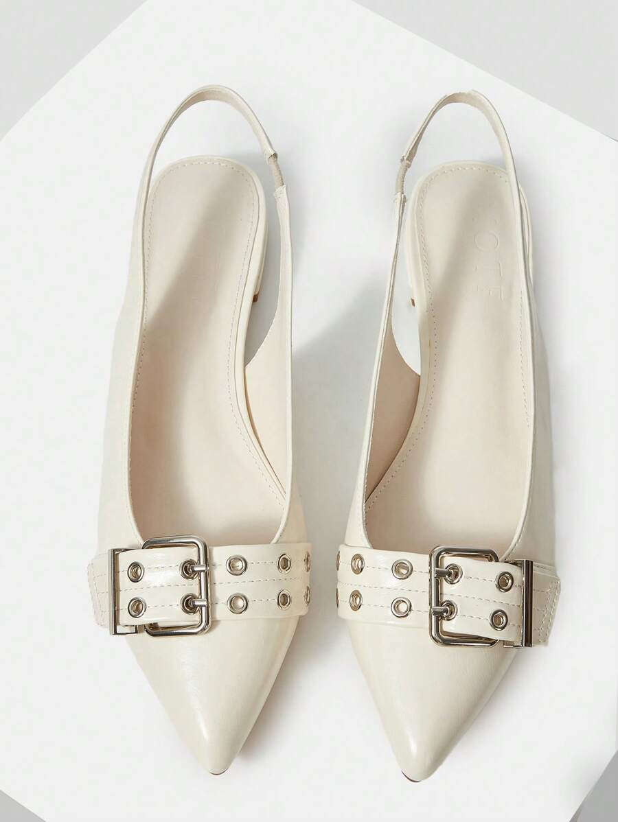 MOTF PREMIUM Zapatos planos cómodos para mujer con detalle de hebilla y punta afilada, para Halloween y Navidad - Beis - Ver 1
