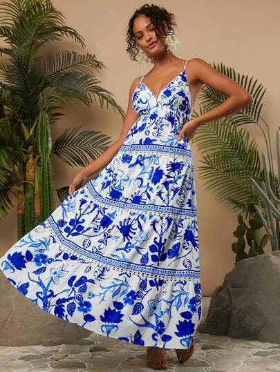 Travachic Vacation Woven Print V-Neck Spaghetti Strap Loose Cake Dress For Women