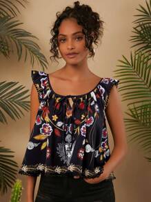 Travachic 度假風格編織印花方領短袖寬鬆女裝上衣 - 黑色 - 查看 6