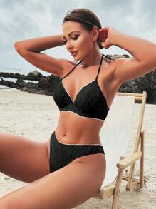 SHEIN Swim Women's Summer Beach Color Block Halter Strap Sexy Bikini Set With Underwire - Black - View 2