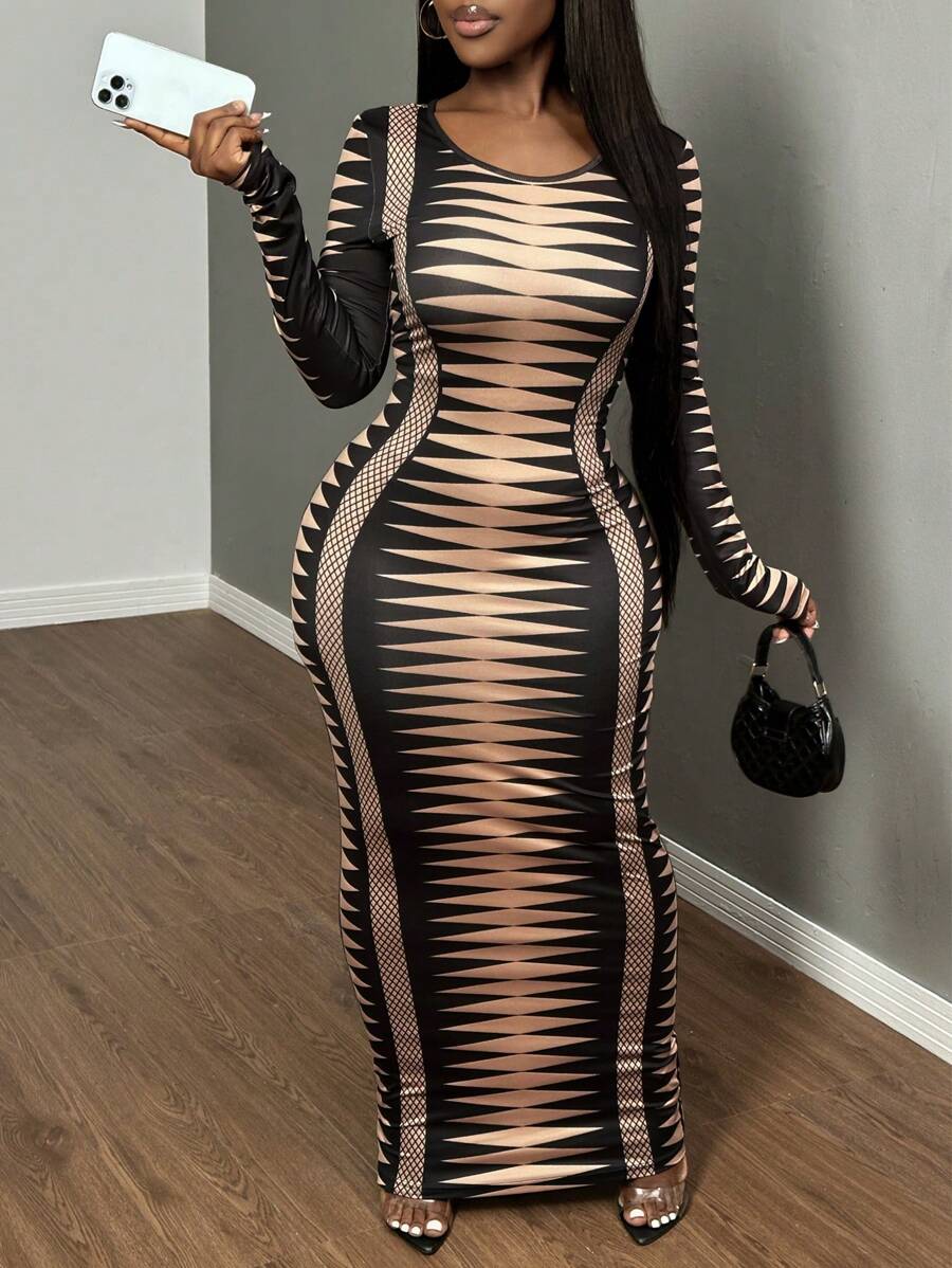 SHEIN SXY Vestido entallado de manga larga con cuello redondo para mujer con estampado