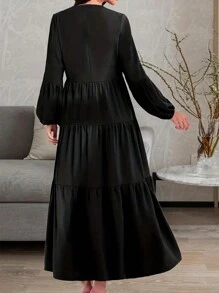 Chiquease Của phụ nữ Màu thuần Dài Tay áo lồng đèn Đầm Midi - màu đen - Xem 2