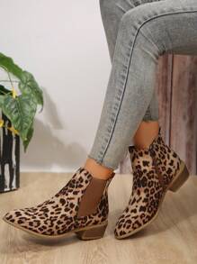 Women's Fashion Leopard Print Pointed Toe Chunky Heel Side Zipper Ankle Boots, Match With Sweater