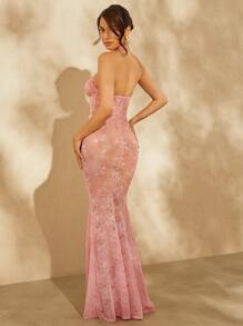 SHEIN Unity Sheer Halter Neck Lace Gown With Plunging Neckline And Keyhole Cutout