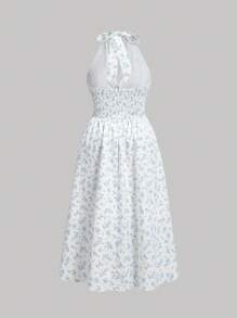 SHEIN MOD Vintage Floral V-Neck Bowknot Decor Women's Dress