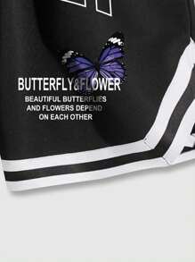 ROMWE MEN Prep Men Floral & Slogan Graphic Striped Trim Drawstring Waist Shorts, School