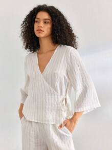 Ocili Leisure Comfortable Linen Side-Tie 7/10 Sleeve Striped 2pcs Homewear Set