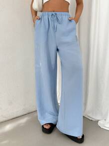 SHEIN EZwear Quần dài vừa vặn đơn giản màu trơn hàng ngày của phụ nữ - Màu xanh lam - Xem 6