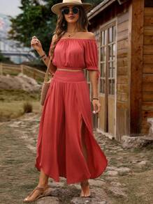 SHEIN LUNE Plus Off Shoulder Crop Top & Shirred Waist Wide Leg Pants - Red - View 1