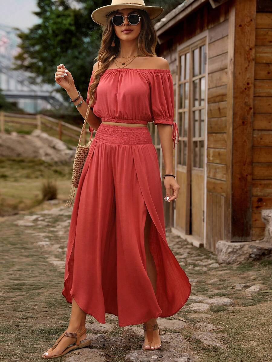 SHEIN LUNE Plus Off Shoulder Crop Top & Shirred Waist Wide Leg Pants - Red - View 1