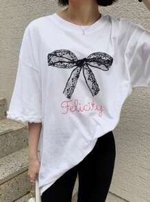 DAZY Women's Summer Oversized T-Shirt With Lace Sleeves And Bowknot Design Cute Tops,Graphic Tees - White - View 3