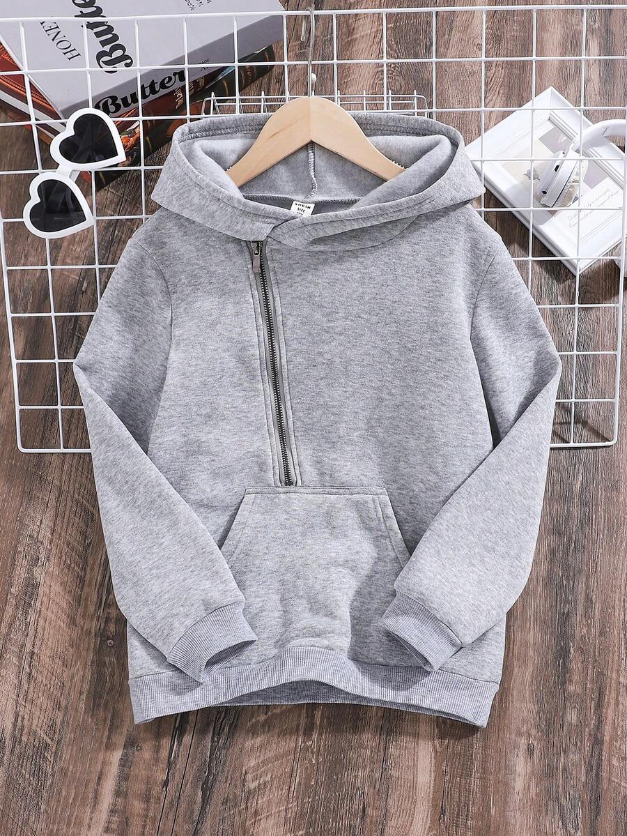 SHEIN 男童袋鼠口袋半拉链卫衣 - 灰色 - 查看 1