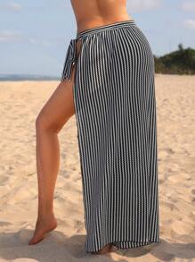 SHEIN Swim 女式条纹系带高开衩罩衫连衣裙 夏季 - 黑與白 - 查看 2