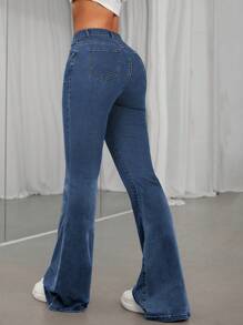 SHEIN ICON Quần jean ống loe lưng cao dành cho nữ - Rửa tối - Xem 2