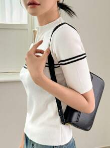 Dazy-Less Women's Zipper Half Placket Striped Short Sleeve Business Casual Knit Top Old Money Style - White - View 8