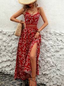 Robe slip fendue avec Top ourlet en dentelle ajourée, patchwork taille et imprimé floral discret, vacances