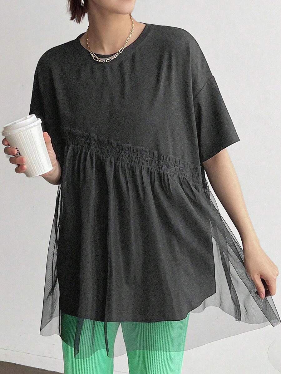 FRIFUL 夏季撞色网眼落肩T恤，荷叶边 - 深灰色 - 查看 1