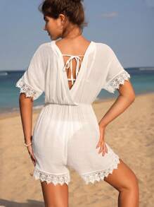 SHEIN Swim Women's Solid Color Simple Daily Short Sleeve Cover Up Summer - White - View 2