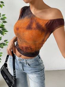 SHEIN Muchic Top asimétrico de mujer con cuello en estampado tie-dye - Marrón - Ver 4
