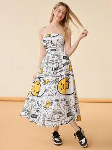 Gudetama X SHEIN 女士卡通蛋圖案束腰帶連身裙