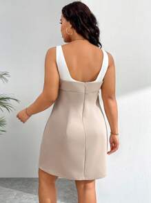 SHEIN EZwear Vestido sin mangas con cierre de cremallera trasera y cintura ajustada en talla grande con bloque de color - Caqui - Ver 2