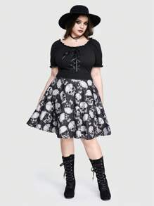 ROMWE Gothic Skull Print Patchwork Puff Sleeve Plus Size Dress With Round Neckline And Lace-Up - Multicolor - View 1