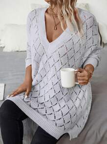 Calvaya Plus Size Vintage Fashionable V-Neck Hollow Out Sweater Knit Pullover Fall Winter - Grey - View 7