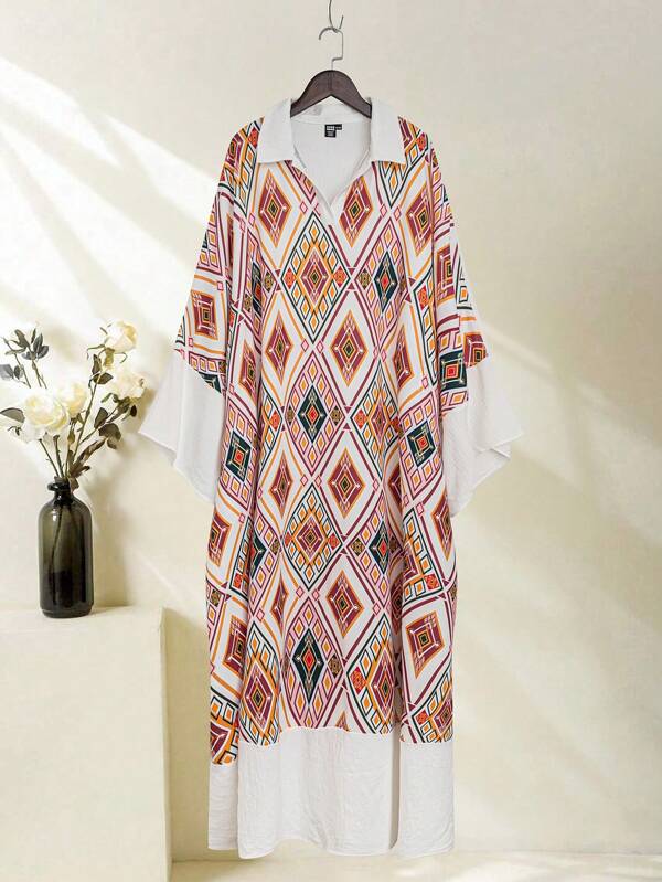 Al Najma Ladies' Plaid Printed Long Sleeve Conservative Arab Dress With Turn-Down Collar