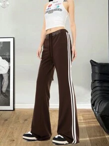 SHEIN EZwear Women's Brown Knitted Printed Flare Pants - Brown - View 4