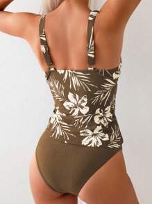 SHEIN Swim Bộ áo tắm bằng vải xếp in hoa đi biển mùa hè dành cho nữ và bộ đồ tắm dưới cùng hình tam giác màu trơn Tankini - màu nâu - Xem 2