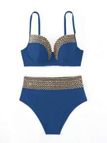 SHEIN Swim 女性性感夏季海灘拼接束帶比基尼套裝，帶推擠和鋼圈 - 水鴨藍 - 查看 3