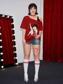 Betty Boop | ROMWE 不對稱領口T恤，印有人物和字母圖案 - 酒紅色 - 查看 4