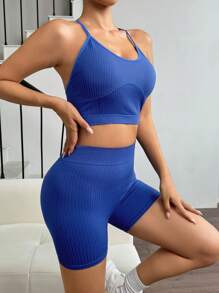 Easithlete Solid Crisscross Backless Top & Shorts Seamless Sports Set - Blue - View 6