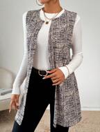 SHEIN Essnce Women's Allover Print Open Front Sleeveless Long Casual Regular Jacket  Back To School Clothes  Fall Clothes  Fall Outfits  Halloween Costume  Grey Jacket  Plaid  Teacher Clothes  Jacket  Coat  Graphic Jacket  Halloween Women Costumes  Business Women Clothes  Business Casual Jacket