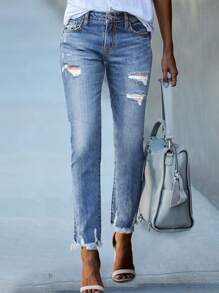 Women's Frayed Edge Denim Pants With Multiple Front Buttons And Pockets, Suitable For Daily Casual Wear