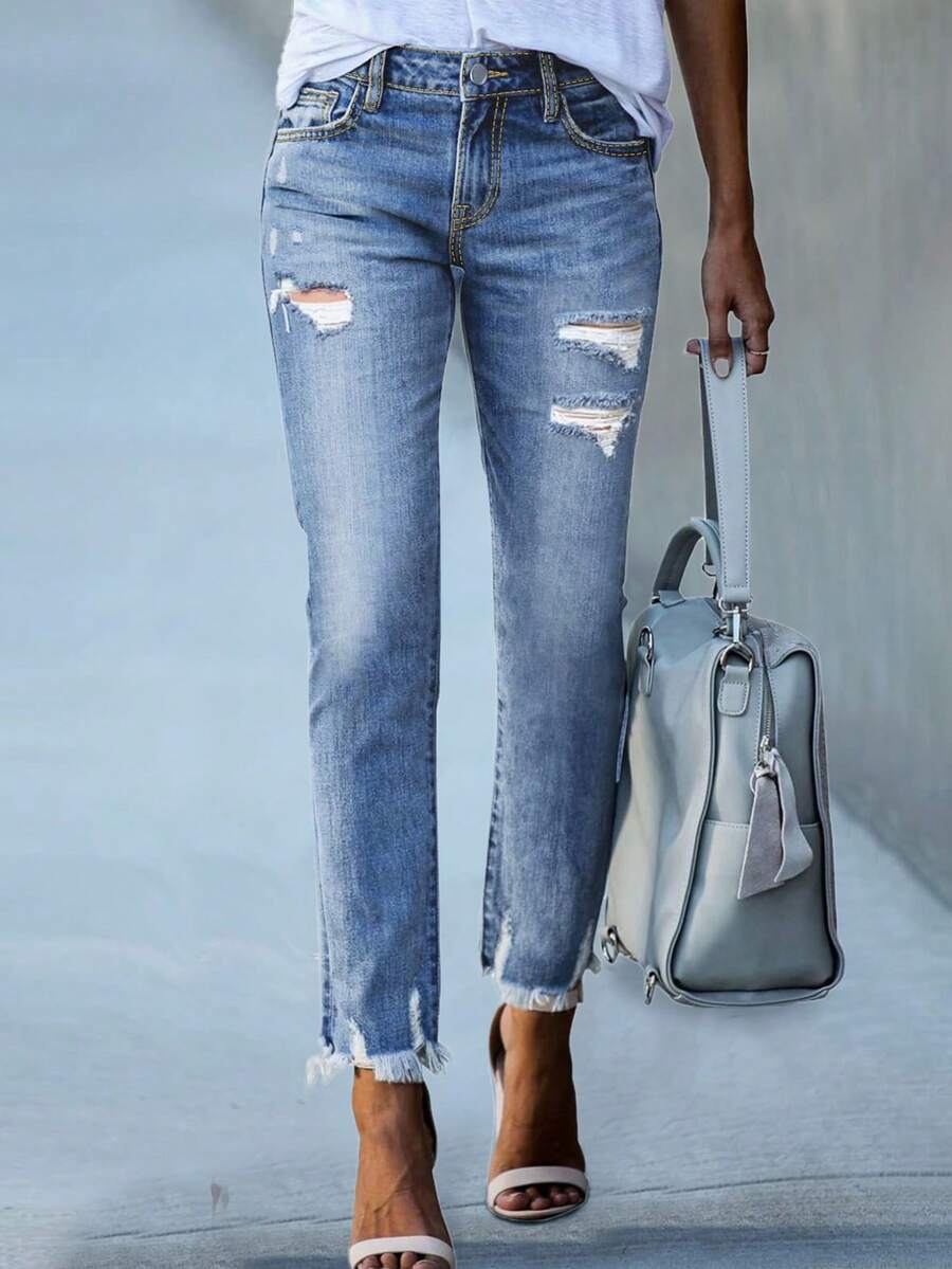 Women's Frayed Edge Denim Pants With Multiple Front Buttons And Pockets, Suitable For Daily Casual Wear