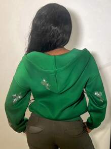 Slaydiva Autumn And Winter Casual Gorgeous Cross Body Hot Diamonds Rhinestones Bright Diamonds Long-Sleeved Hooded Zipper Sweatshirt Jacket Green Women's Sweatshirt Jacket-I - Dark Green - View 2