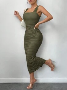 SHEIN SXY Prom Dress;Summer Ruffled Slit Hem Mesh Tight Black Suspender Bodycon Dress - Army Green - View 3