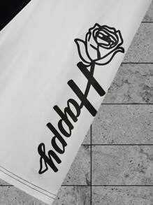 Manfinity LEGND Men's Summer Letter & Floral Print Round Neck Short Sleeve Casual T-Shirt And Drawstring Waist Shorts Set - Black and White - View 3