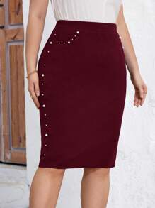 SHEIN Clasi Plus Faux Pearls Beaded Slant Pocket Skirt For Holiday - Burgundy - View 6