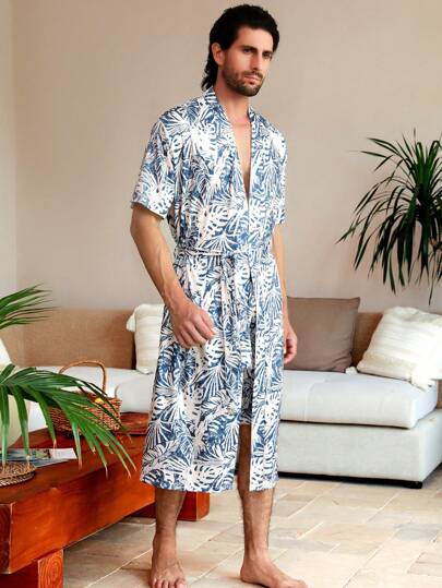 Manfinity ChillVibe Bata informal con estampado tropical para hombre con cinturón