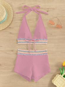 SHEIN Swim Women's Summer Beach Wave Striped Halter Neck Tie Bikini Set, With Separated Bikini Set