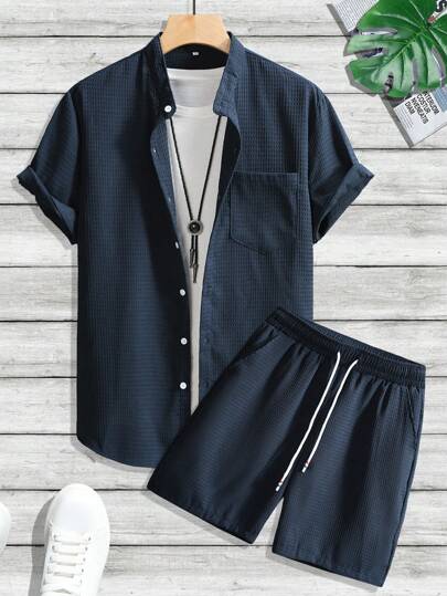 NEOREFINED Men's Vacation Casual Solid Color Short Sleeve Shirt And Shorts, 2pcs/Set, Holiday Holiday
