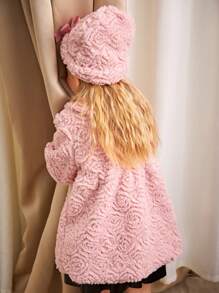 SHEIN Elegant And Graceful Rose Plush Bow Tie Jacket With Furry Hat For Young Girls, Suitable For Parties, Dinners, And Outings In Spring, Autumn And Winter - Pink - View 2