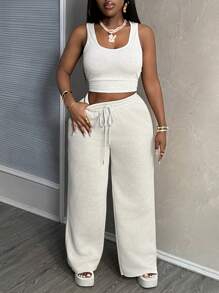 Slaydiva 2024 New Arrival Easter/Western Casual Basic Solid Color Long Sleeve Cropped Top, Cami Undershirt & Loose Pants 3 Piece Women Suit Set