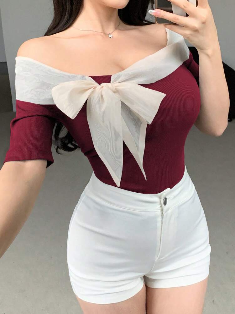 Women's Open Shoulder Bodycon Short Sleeve T-Shirt With Color Blocking & Bow Decor ,New Year Eve Summer,Off Shoulder Top Christmas