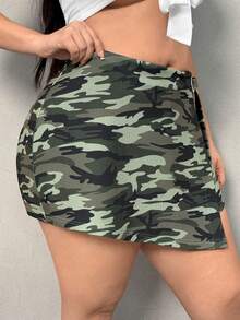 SHEIN SXY Quần short thường ngày thời trang không đối xứng có khóa thắt lưng ngụy trang cỡ lớn dành cho nữ mùa thu - Nhiều màu - Xem 6
