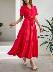 RueChic Women Roll Cuff Split Ruffle Hem Belted Casual Dress - Pink - View 1