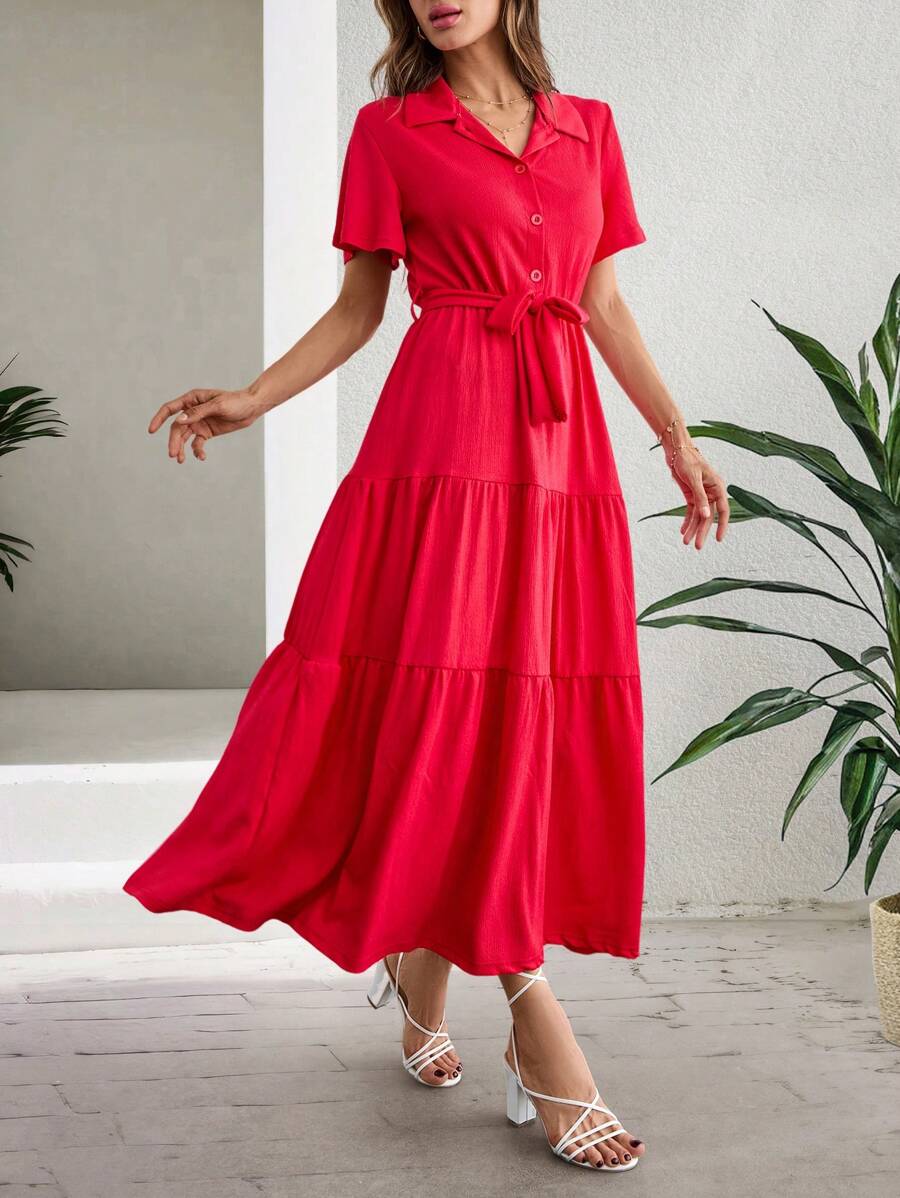 RueChic Women Roll Cuff Split Ruffle Hem Belted Casual Dress - Pink - View 1